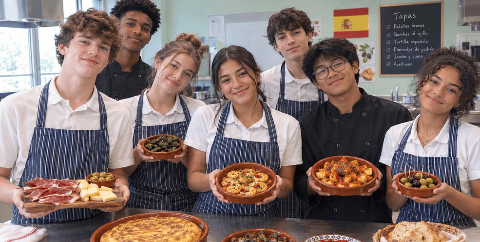 high school students taking cooking classes in spain